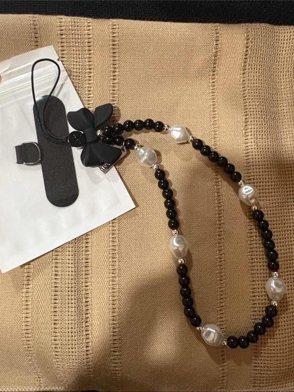Elegant Black Beaded CellPhone Charm with White Pearl Accents